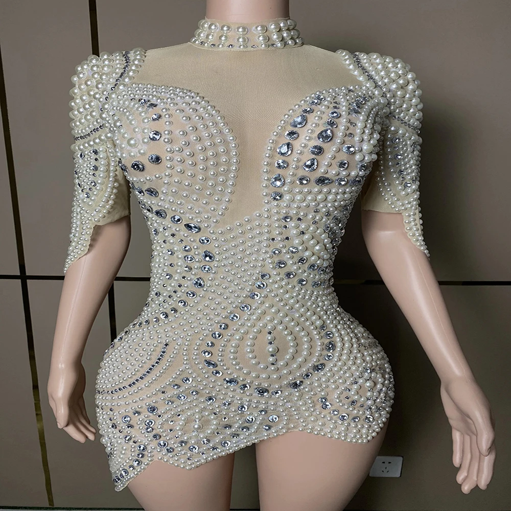 Vestido de manga larga con perlas y diamantes de imitación plateados de lujo, celebración de cumpleaños Sexy para traje elástico, ropa de fiesta de graduación