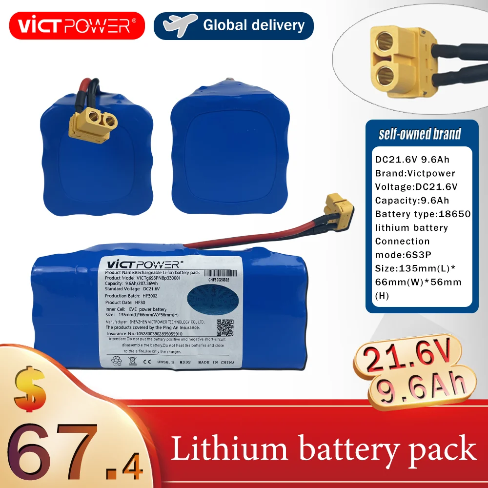 

Victpower 21.6V 9.6Ah rechargeable lithium-ion battery 18650 lithium battery 6S3Ppack Source manufacturers support OEM/ODM.