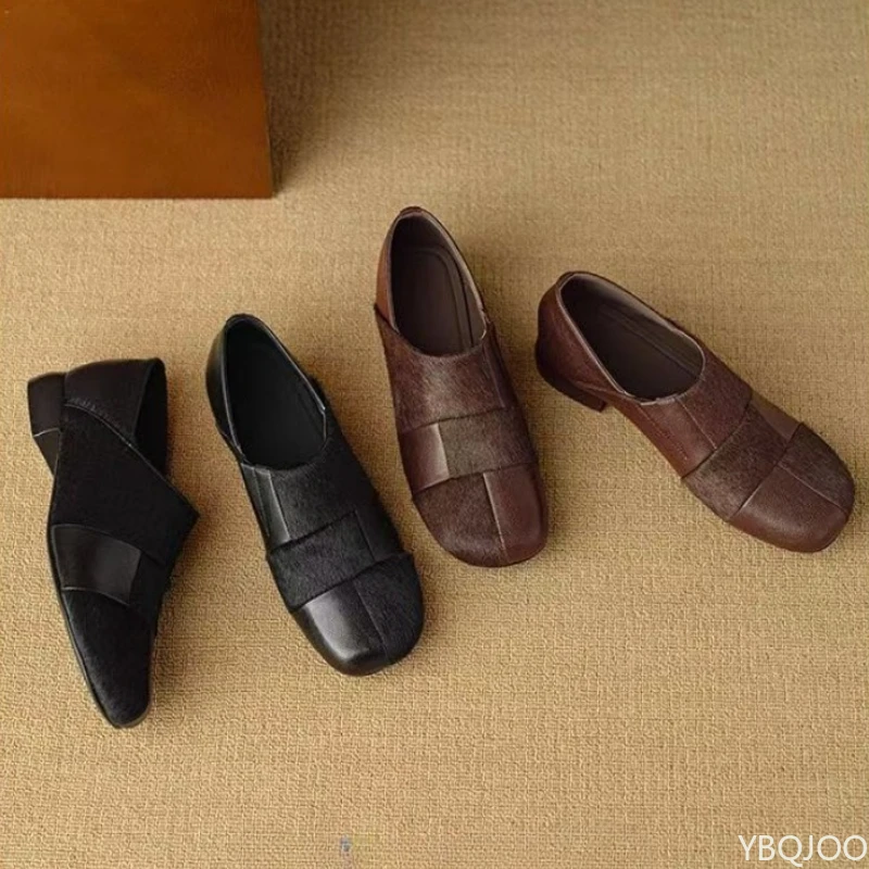 Moda confortável retalhos mocassins primavera verão outono novo um pé redondo dedo do pé boca rasa sapatos femininos versáteis