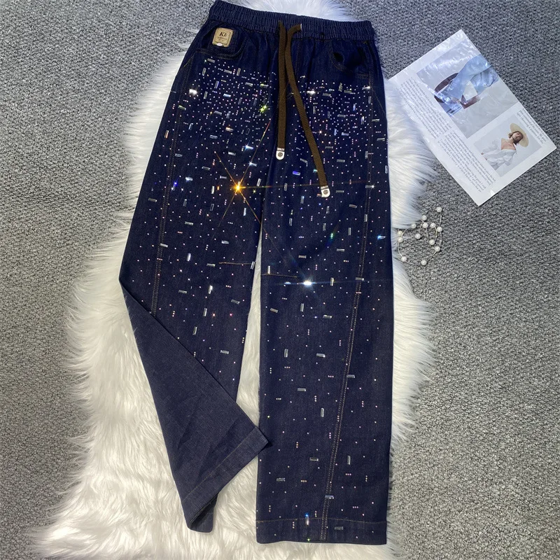 

Women Hot Drilling Diamonds Beaded Denim Pants Elastic Waist Starry Rhinestones Jeans Spring Autumn Wide Legs Cowboy Trousers