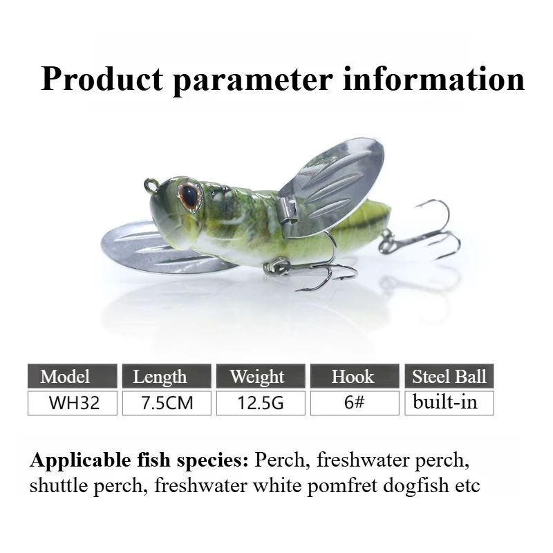 

1pcs 7.5cm/12g Grasshopper Minnow Hard Baits Squid Artificial Swimbaits Bass Carp Pike Fishing Tackle Topwater Insect Bionic