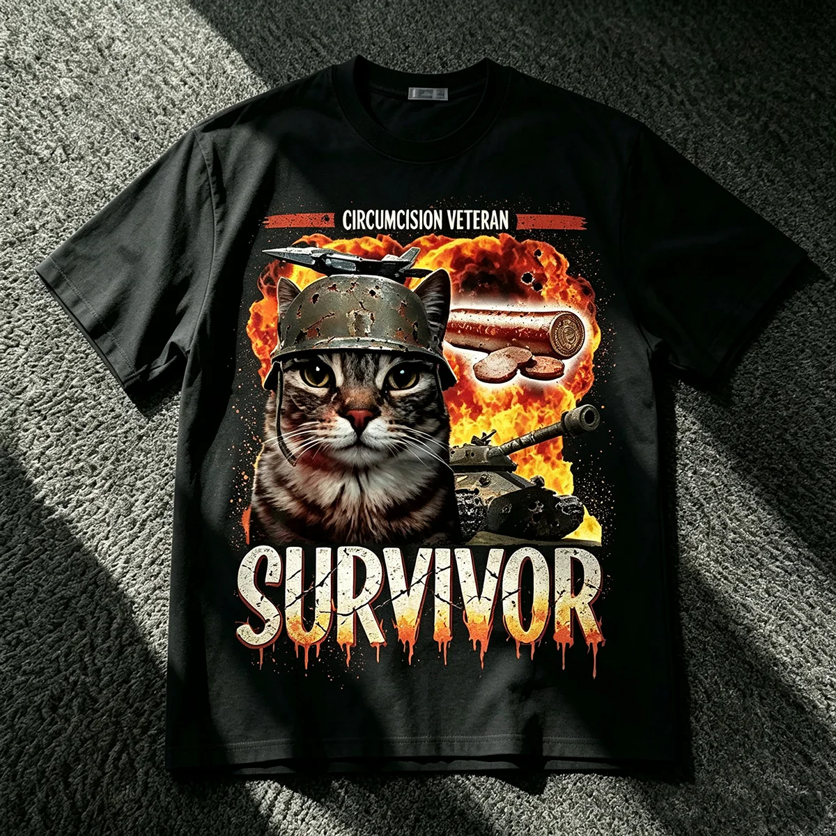 Circumcision Veteran Survivor T‑Shirt Funny Military Helmet Cat Meme Explosion Tank Fire Graphic Sarcastic Novelty Streetwear Unisex Cotton Short Sleeve Tops for Men Women