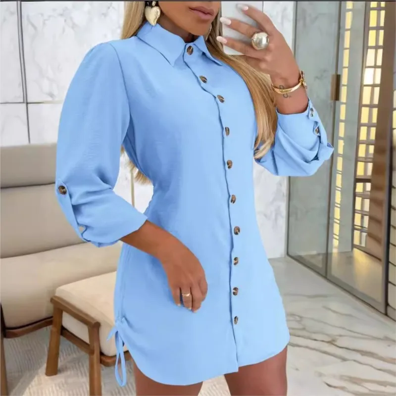 Fashionable Women's Long Sleeved Solid Color Double-sided Drawstring Dress With Spring Elegant Lapel Button Up Shirt Mini Dress