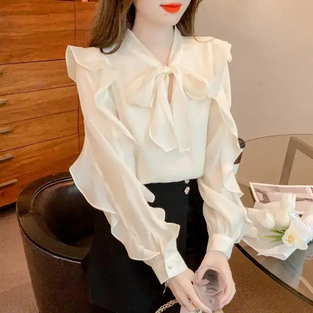 French Style Chiffon Shirt Women\'s New Style Small Shirt Fashionable High-end Bow Long Sleeved Top