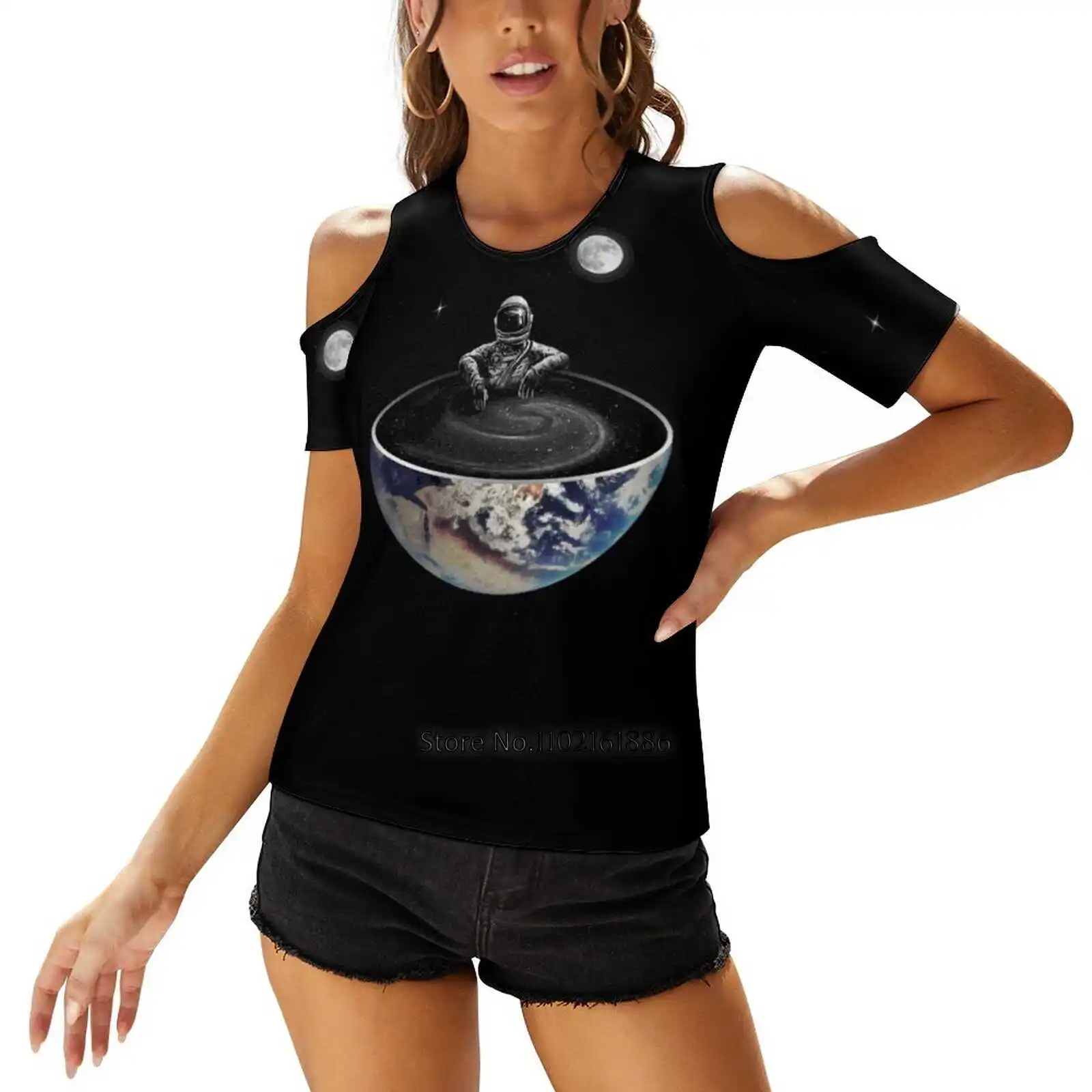 Easy Women'S Clothing V-Neck Tops Zipper Tee Ladies Casual Sexy T-Shirt Earth Planet Astronaut Bath Chill Moon Bowl Jacuzzi