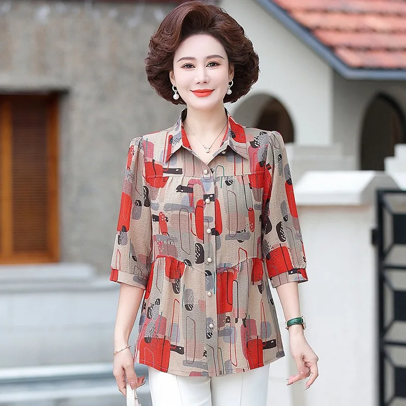 

Spring Summer Women Chiffon Shirts Temperament Elegant Polo-Neck Half Sleeve Print Bloouses Ladies Tops Blusas