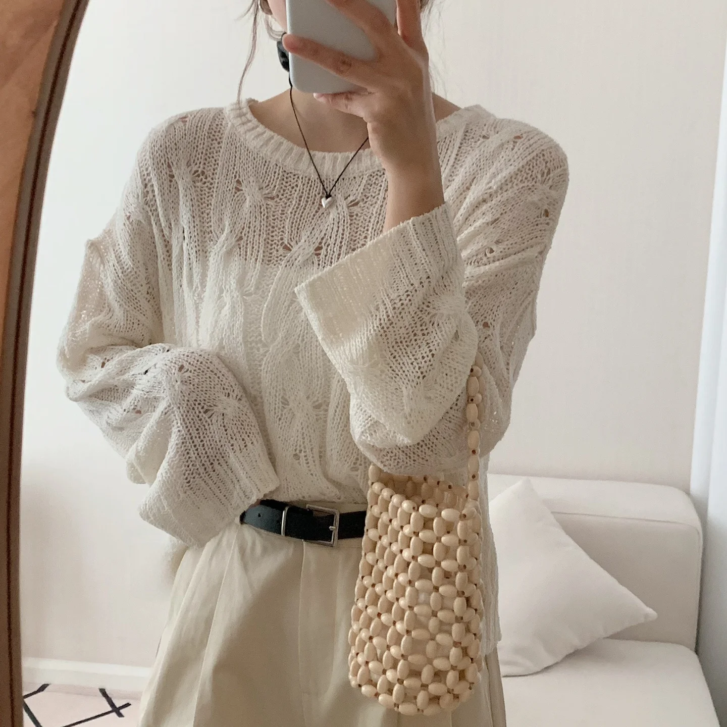 

Loose Ice Silk Long Sleeve Knitted Sweater Women's round Neck Hollow out Twist Knitwear Short Style Korean Japanese Lazy Style