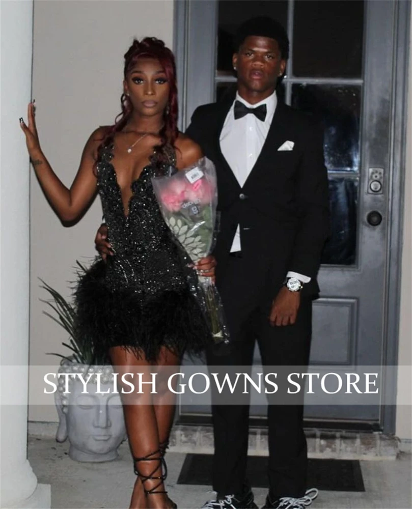 Sexy Short Prom Dresses For Black Girls Beaded Birthday Party Dress Crystal Feathers Mini Cocktail Homecoming Customized