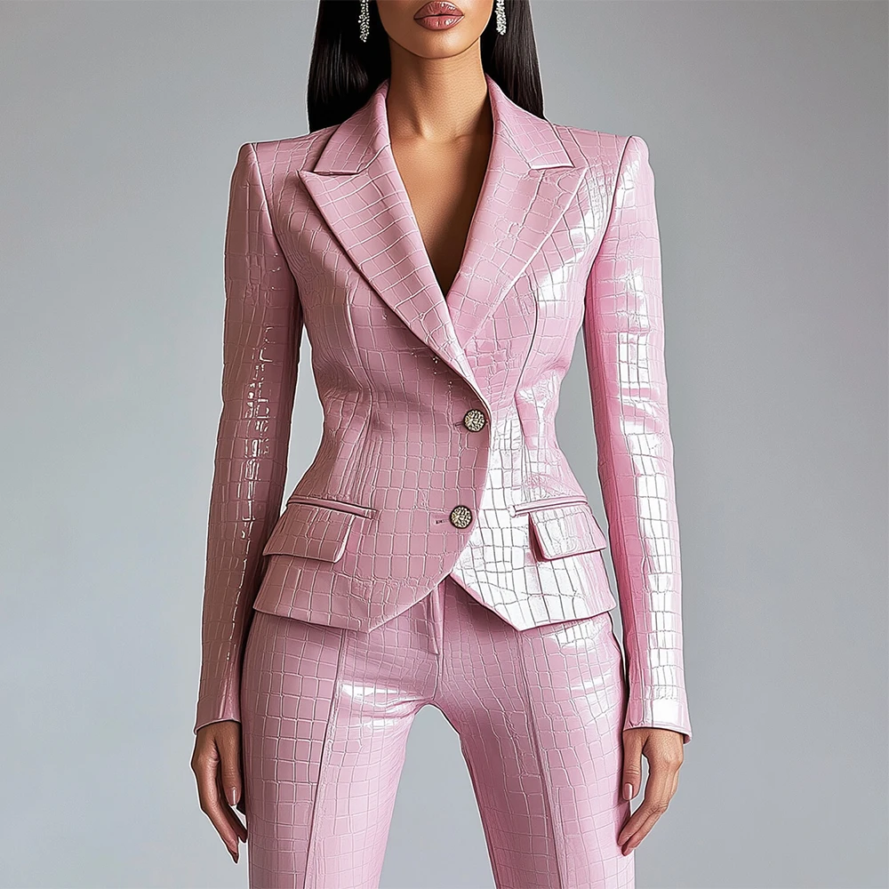Women Luxurious Alligator Pattern Pu Leather Suit Blazer Pink Single-Breasted Lapel Long Sleeve Slim High Street Business Jacket