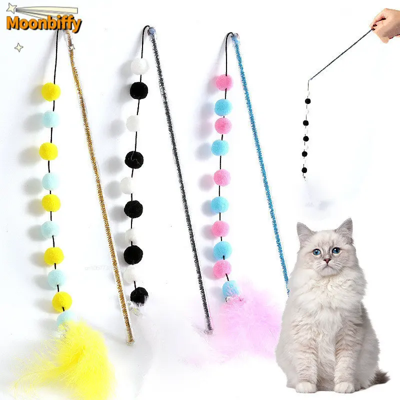 Cat Toy Pompom Cat Toys Interactive Feather Toys for Cats Teasing Durable Cats Toy Playing Stick Plush Ball Pet Supplies Gatos