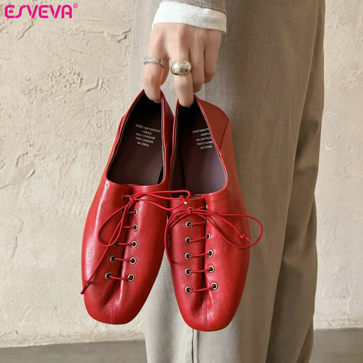 ESVEVA, zapatos planos de cuero de vaca a la moda para mujer, mocasines para mujer, zapatos informales cómodos con cordones para primavera, zapatos informales con punta redonda para mujer 34-42