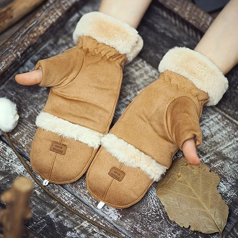 Women's Suede gloves, Warm Thickened Half finger, Button closure, Knitted Ski Gloves For women, Winter Sports Equipment