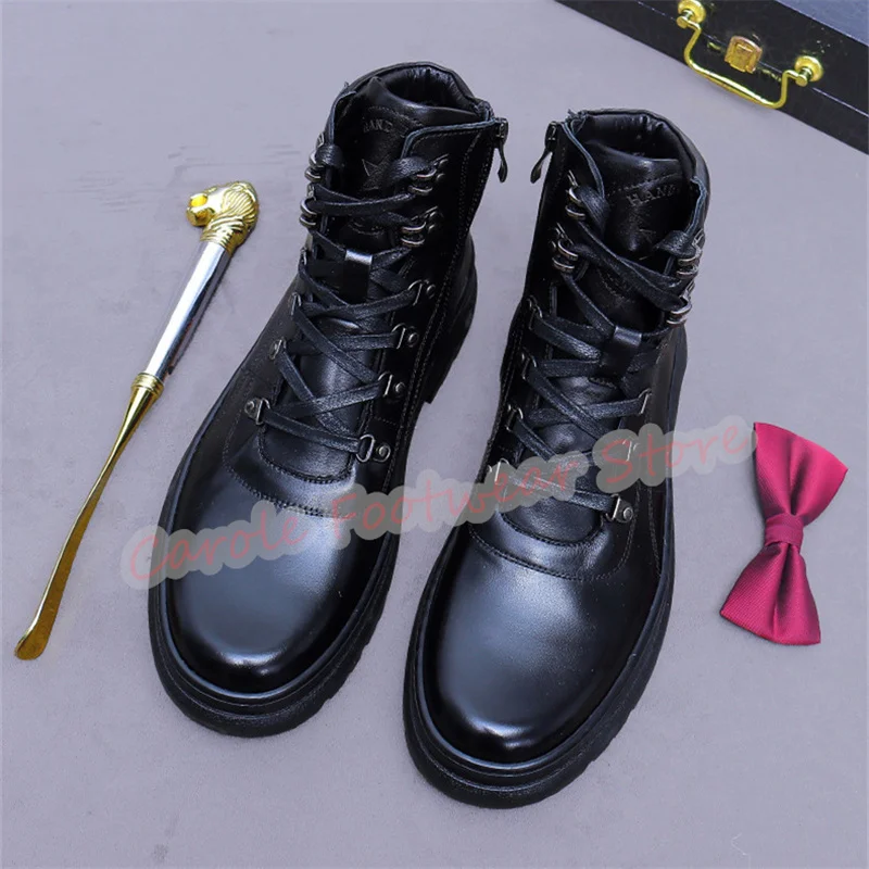 Sepatu Boots Kulit Asli Pria Model Tinggi dengan Tali Silang Gaya Inggris, Ujung Bulat, Sol Tebal, Tinggi Setengah Betis, Sepatu Luar Ruangan Pria