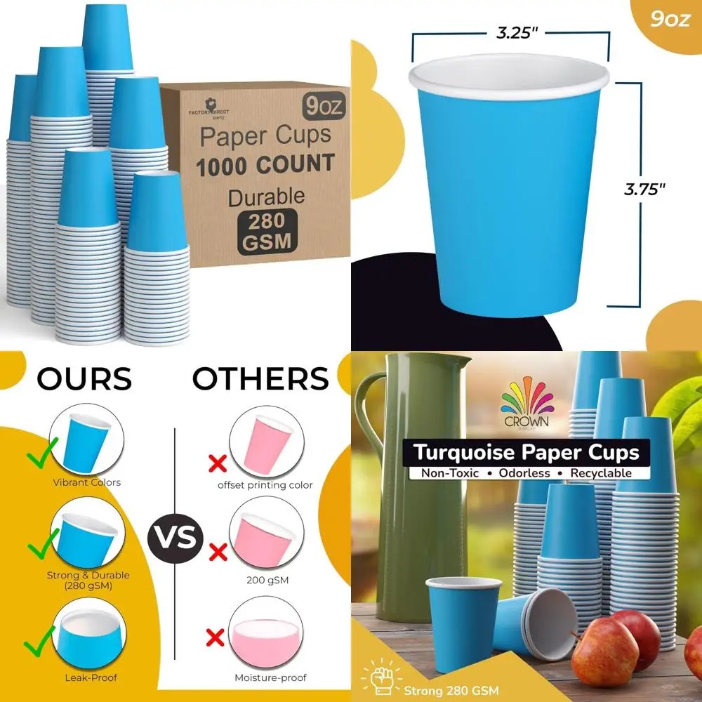 

Durable Turquoise 9oz Disposable Paper Cups - 1000 Pack for Hot and Cold Beverages, Thick 280 GSM Tumblers
