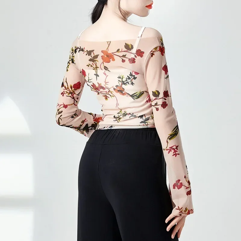 

Одежда для современных народных танцев с принтом, одежда из пряжи для тела, базовые тренировочные художественные тестовые топы, классические танцевальные костюмы