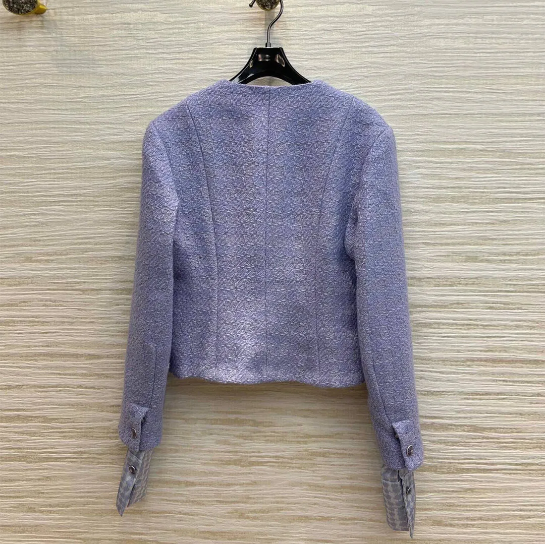 2024 Early Autumn Purple Wool Blends Tweed Jacket Women V-neck Long Sleeve Flower Brooch Patchwork Houndstooth Cuff Retro Coat