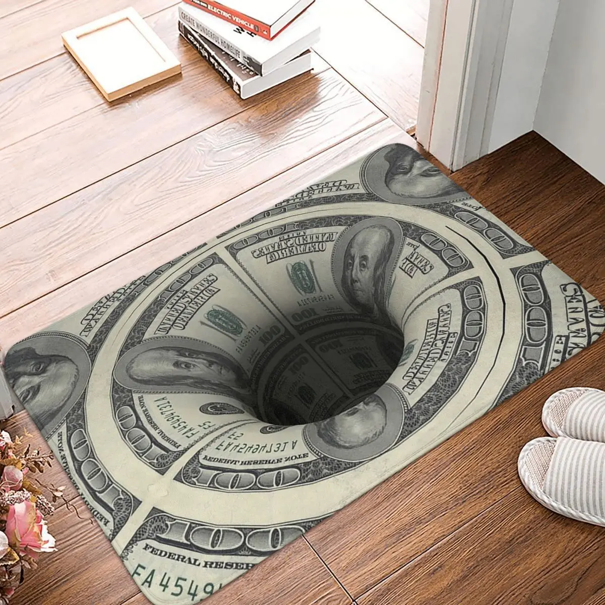 Optical Illusion Hole Green Fiat Dollar Wall Street 100 Bill Money Non-slip Doormat Floor Mat Carpet Rug for Kitchen Footpad Mat