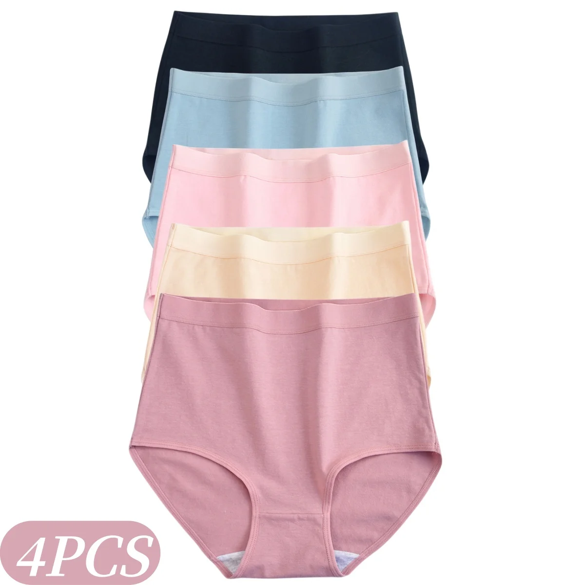 4-teiliges Set Damen Baumwoll-Slips, Hochgeschnittene Unterhosen, Einfarbig, Komfortable, Atmungsaktive Unterwäsche, Sexy Dessous, Größen M-3XL
