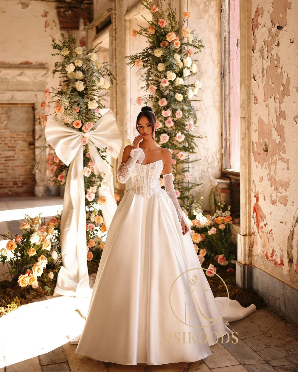 Msikoods Luxus-Brautkleid 2025, Korsett, Spitze, Applikationen, A-Linie, Brautkleid, langärmelig, Satin, Prinzessin, Brautkleider, individuell gestaltet