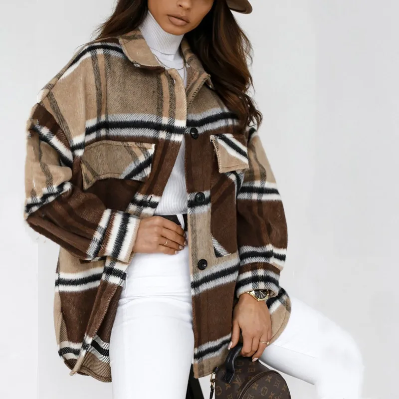  New Autumn Winter Fashion Neutral Style Outwear Streetwear Vintage Plaid Jacket Women Loose Long Sleeve Warm Oversized Coat