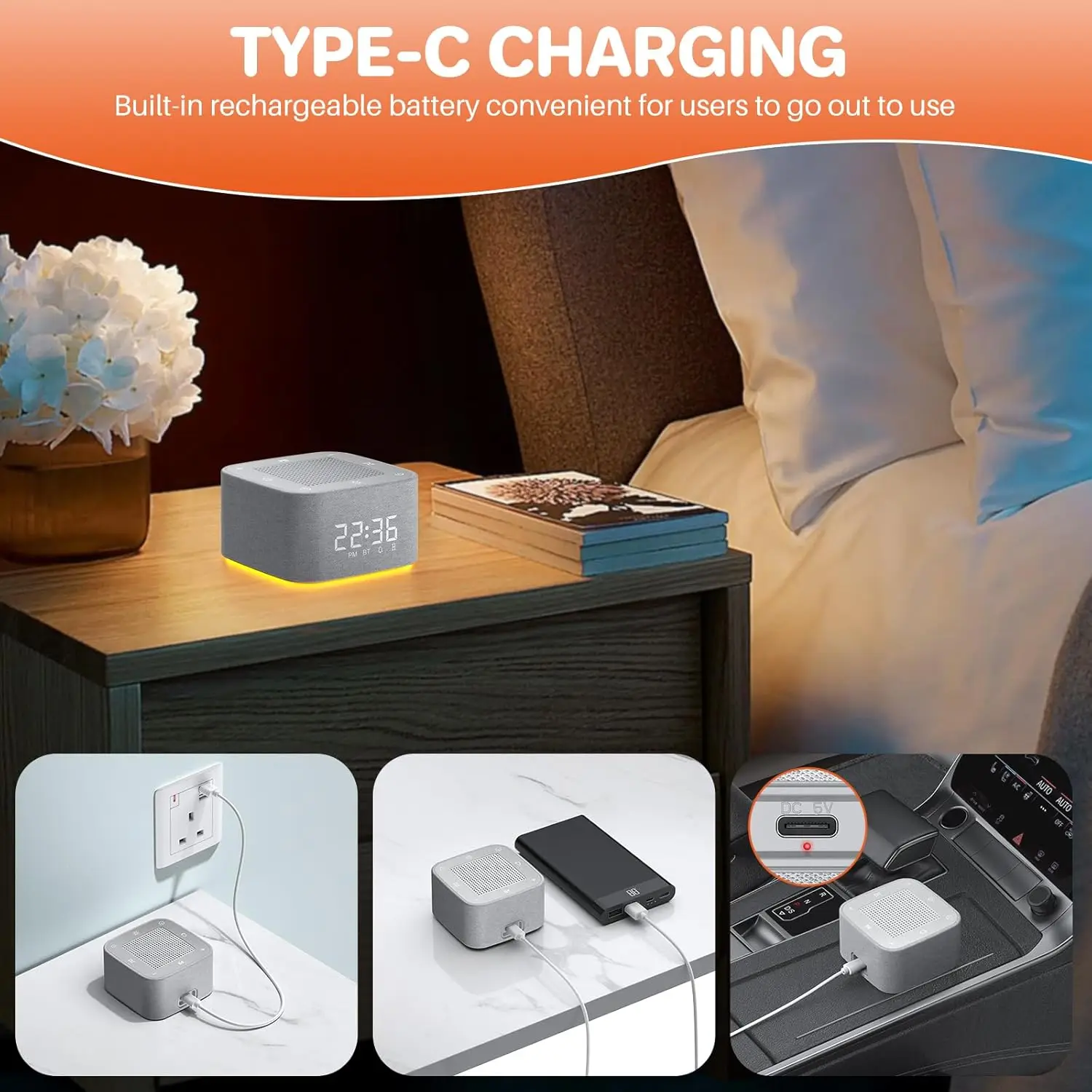 Mesin Suara White Noise 3 in 1 dengan 32 Suara & Jam Alarm & Lampu Malam, Jam Alarm untuk Kamar Tidur dengan Speaker Nirkabel