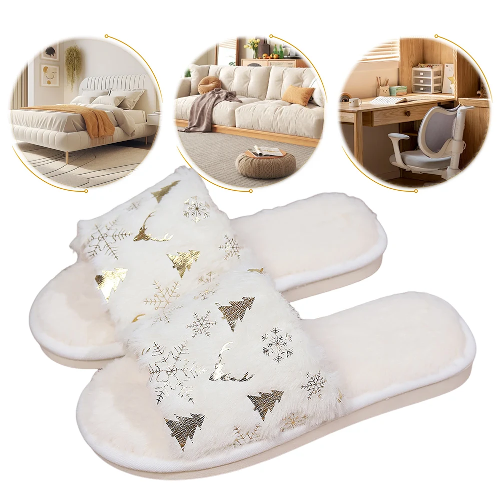 Christmas Plush Slippers Soft House Shoes Fluffy Home Slippers Furry Xmas Tree Snowflake Slippers for Indoor Bedroom Wear