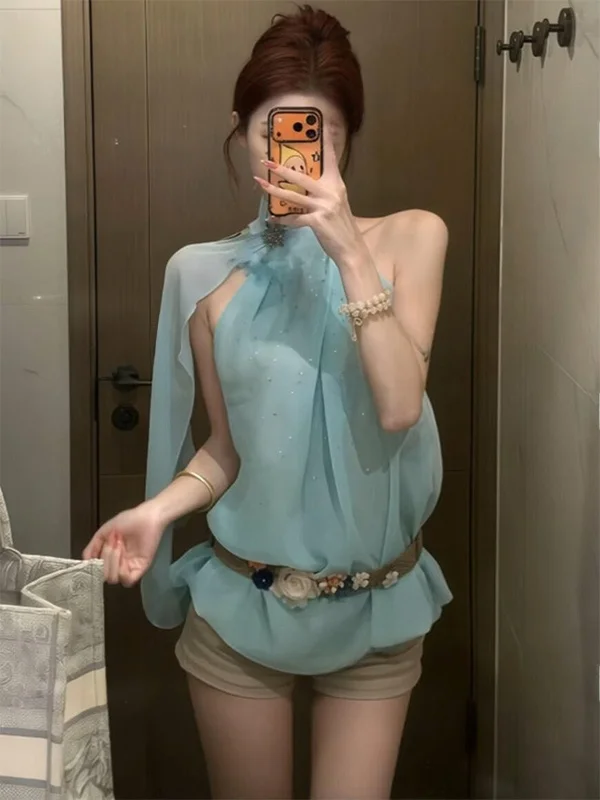 Blue Sequin Neck Hanging Chiffon Top Women Summer New Style Shoulder Backless Pure Desire Spicy Girl Shirt Trendy Sweet Style