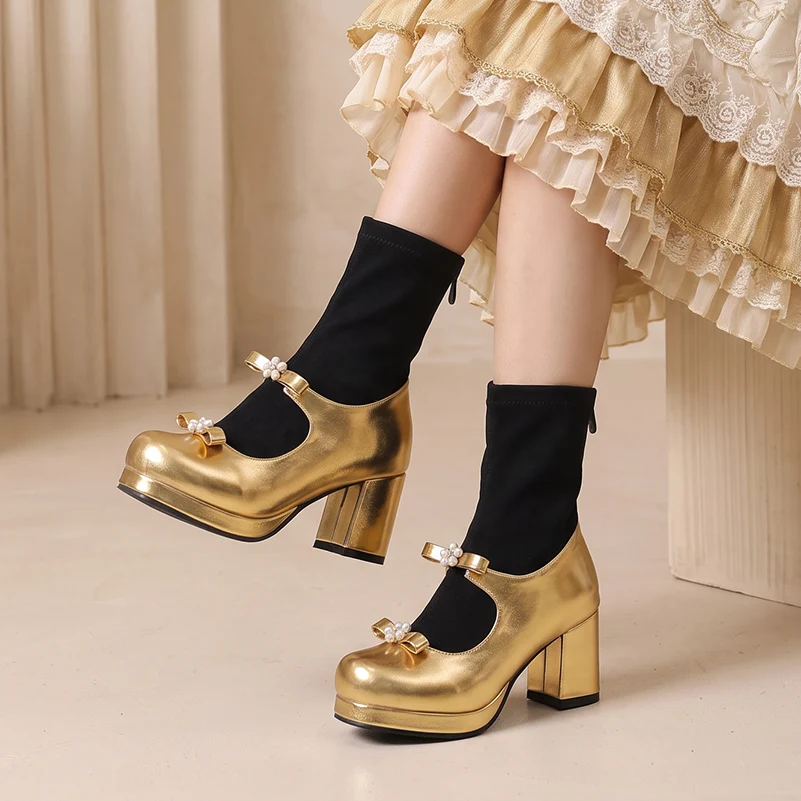 Plus Size Sweet Lolita Sock Ankle Boots Pearl Bow Chunky Heel Mary Jane Booties Zipper Vintage Princess Stretch Short Boots