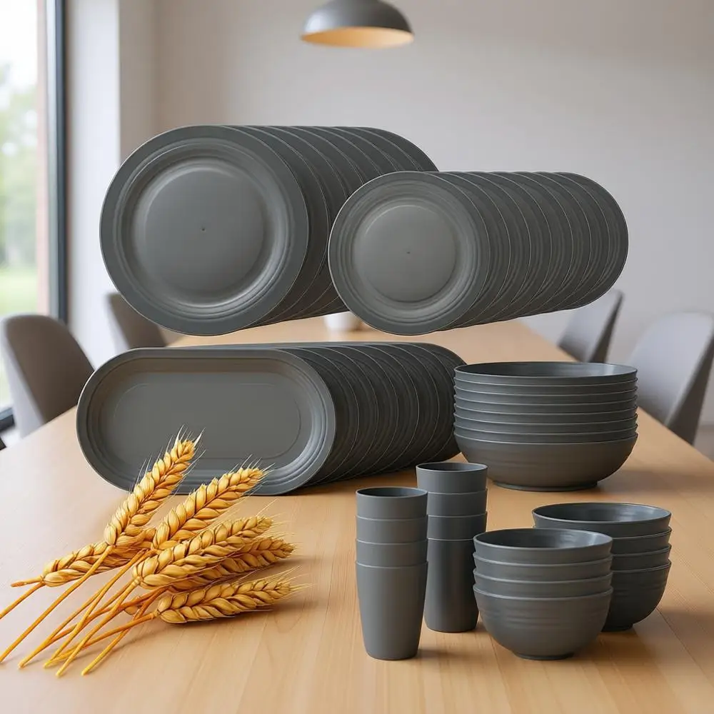 

Набор посуды из пшеничного волокна для кухни, 48 предметов, на 8 персон, многоразовые пластиковые тарелки для сервировки, включая обеденные тарелки
