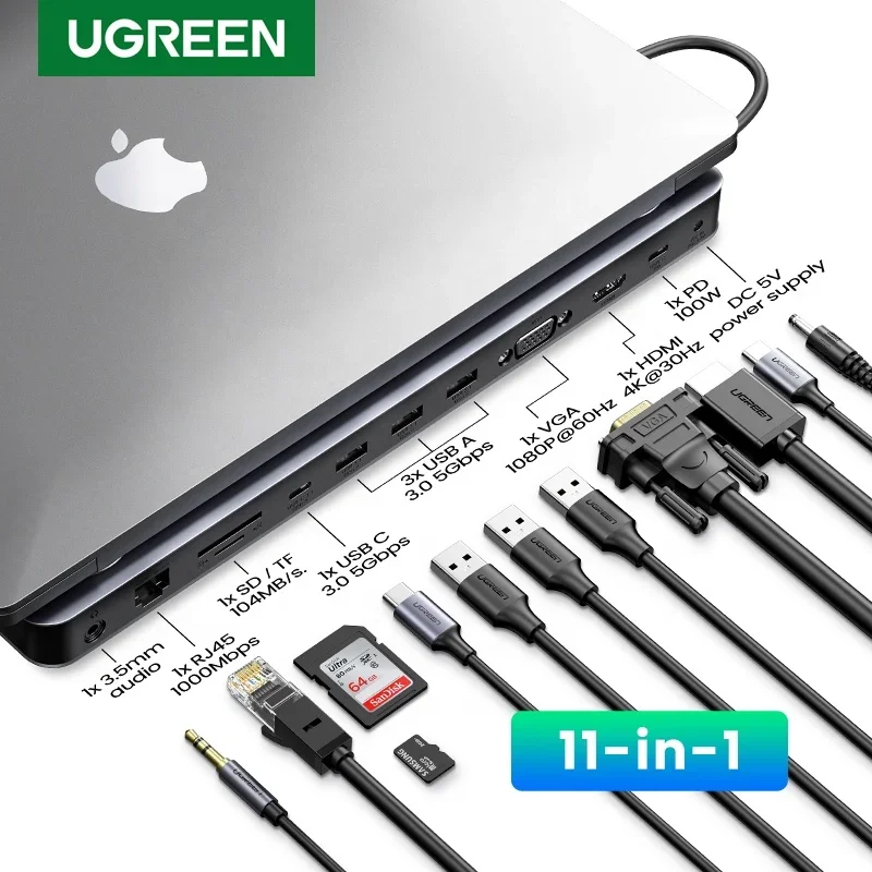 

UGREEN USB C Docking Station 11-in-1 HUB USB C to HDMI 4K VGA RJ45 PD 100W SD TF 3.5 For MacBook Pro Air M1 Laptop Dock USB HUB