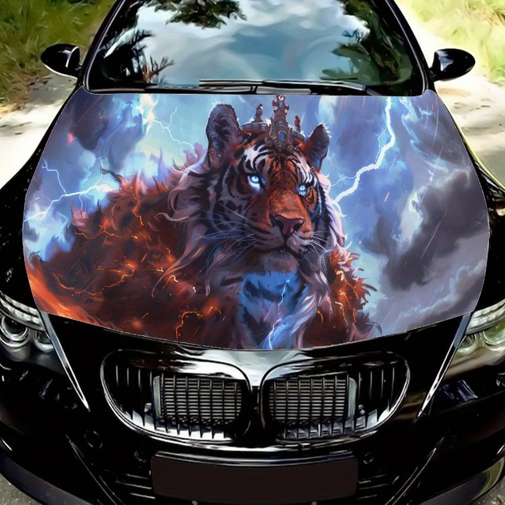 

Тигр с короной под небом, молния, обертка на капот автомобиля, цветная виниловая наклейка, графический капот грузовика, автоаксессуары, декор, наклейка, подарок