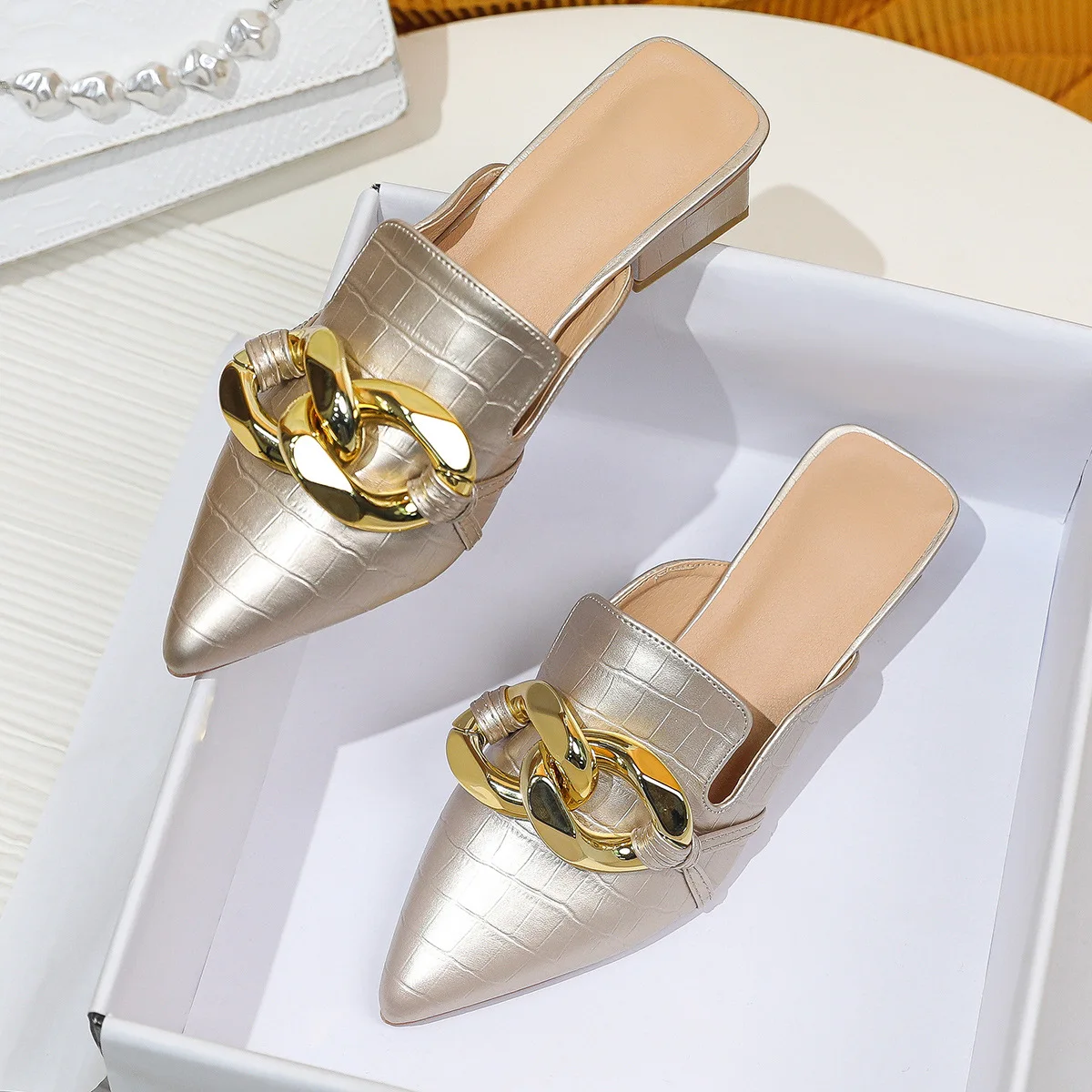 Luxury Chain Golden Mules Shoes For Women Heels 2024 New Summer Pointed Toe Square Heel Slippers Women Sandals Plus Size 8 9 10