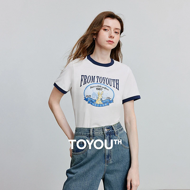 

TOYOUTH Women Short Sleeve T shirt 2025 Summer New Letter Rabbit Printed Round Neck Contrasting T-shirt 8521123