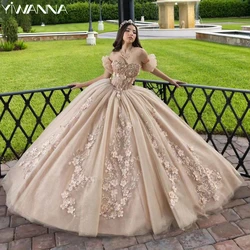 Detachable Sleeve Quinceanrra Prom Dresses Vintage Appliques 3D Flower Princess Shiny Customized Luxury Sweet 16 Dress Vestidos