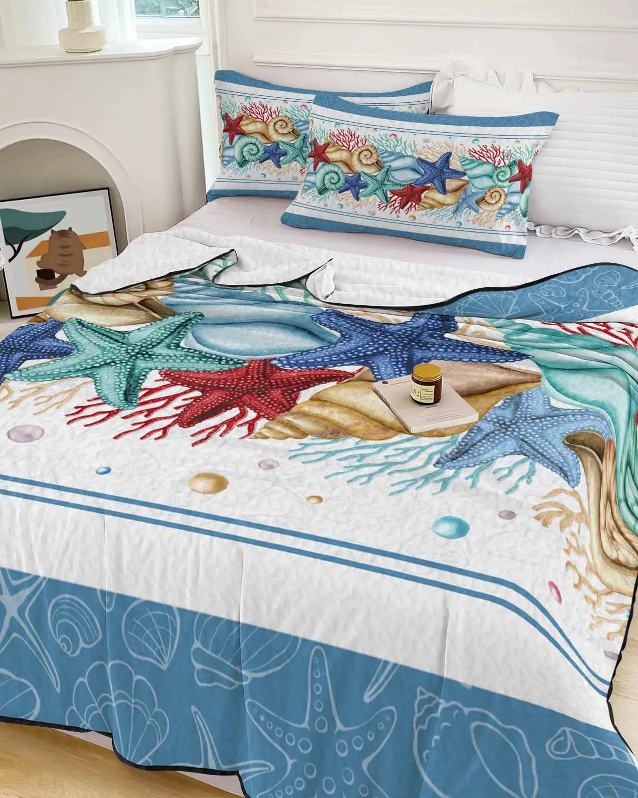 

Summer Ocean Watercolor Starfish Shell Coral Sky Blue Summer Cooling Quilt Air Condition Blanket Lightweight Thin Quilt