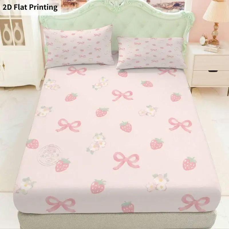 3Pcs Pink Bow Floral Fitted Sheet Three Piece Set (1*Fitted Sheet + 2*Pillowcases, Coreless), Bedding Set.