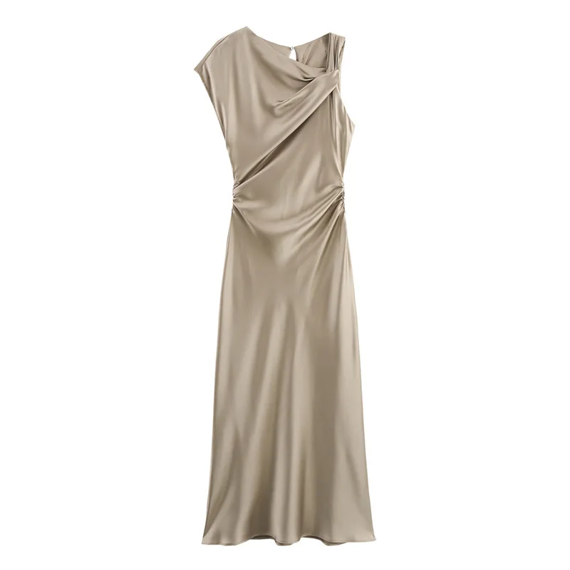 新しいヨーロッパとアメリカの不規則なプリーツ装飾シルクサテン生地のドレス