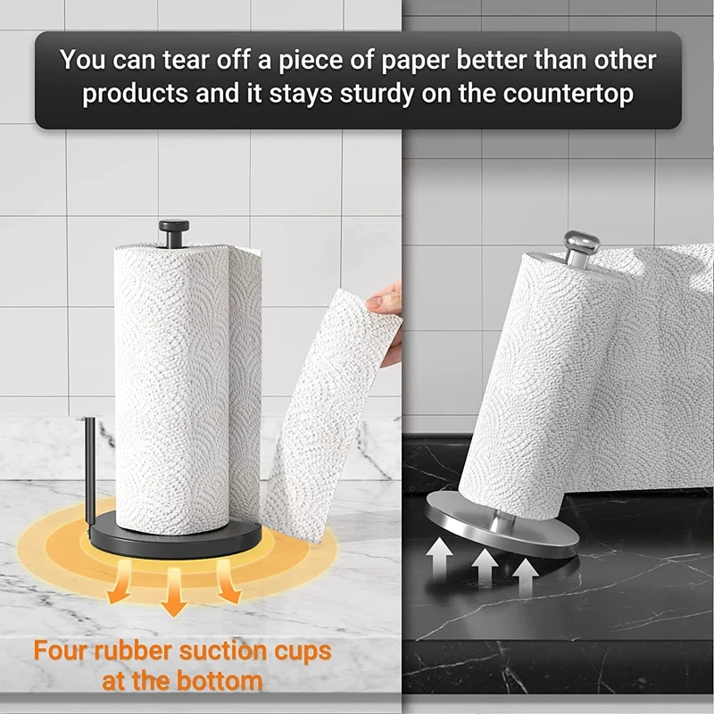 Paper Towel Holder Countertop Paper Towel Stand Black With Ratchet System For Kitchen Bathroom, One-Handed Tear Paper