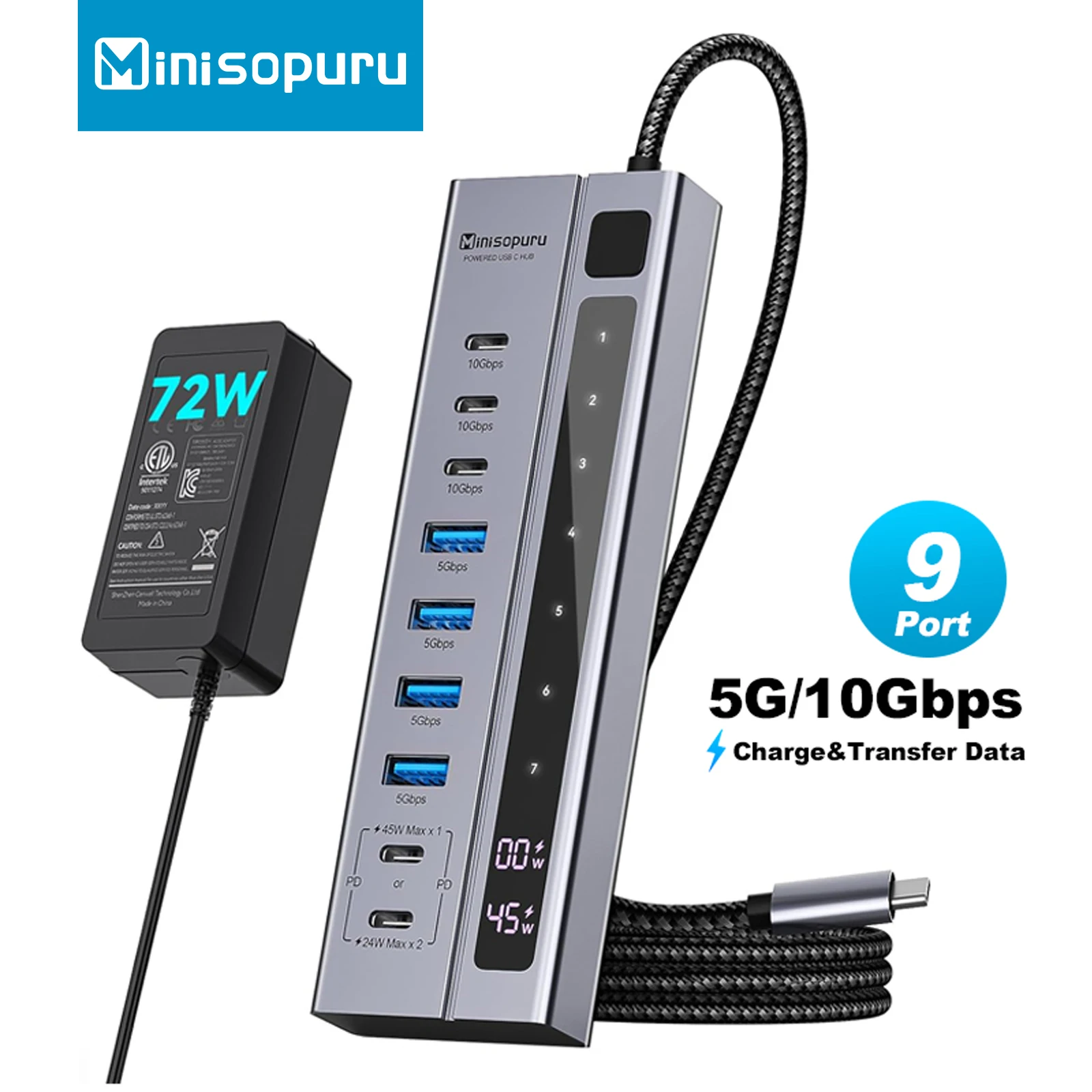 

USB-концентратор C с питанием Minisopuru и адаптером питания 72 Вт, 10 Гбит/с, USB-порта для зарядки, 45 Вт для MacBook iMac, iPad, телефона, разветвитель USBC