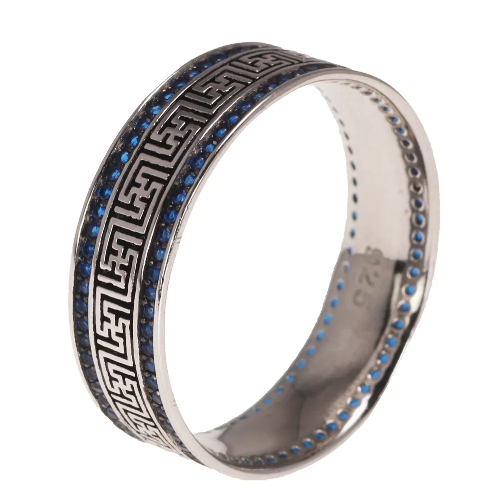 Genuine Sterling Silver 925 Turkish Rings for Men and Women with Blue Round Zircon Retro Punk Rings Fashion Silver Jewelry
