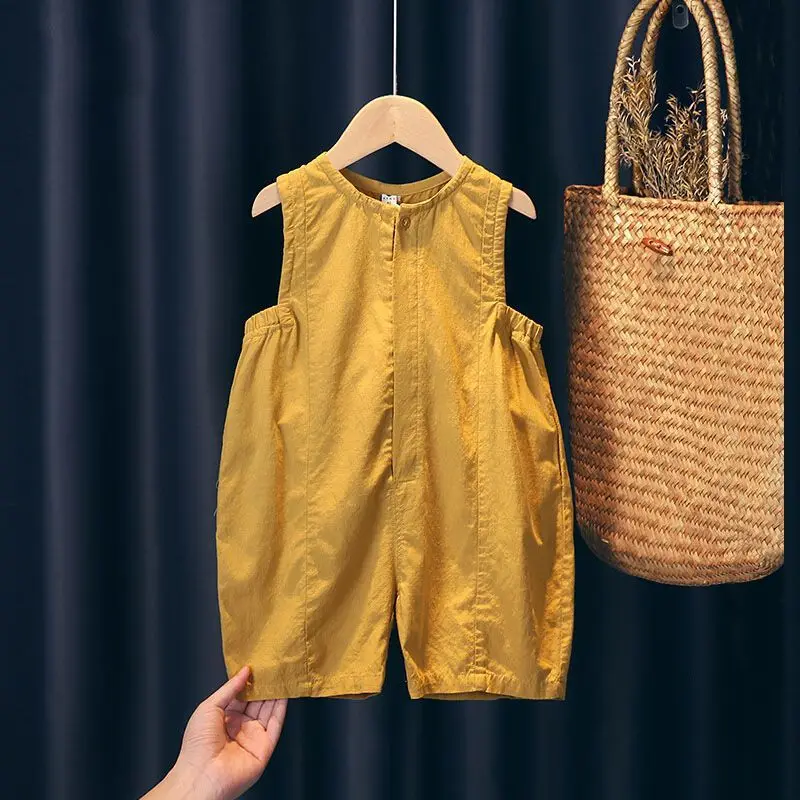 

Baby Pants Summer Thin Girls' Shoulder Strap Jumpsuit Korean New Little Girls' Cotton and Linen Five Part Pants
