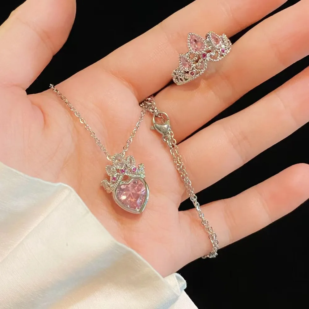Cute Romance Silver Color Stainless Steel Pink Crystal Crown Heart Pendant Necklace for Women Luxury Bride Rings Jewelry Set