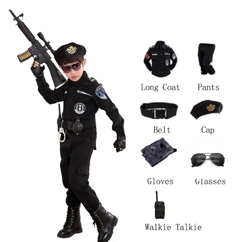 Costumes de policier cosplay pour enfants, fête de Noël, carnaval, uniforme de police, vêtements de policier de l'armée pour garçons, Halloween, coffret cadeau pour enfants