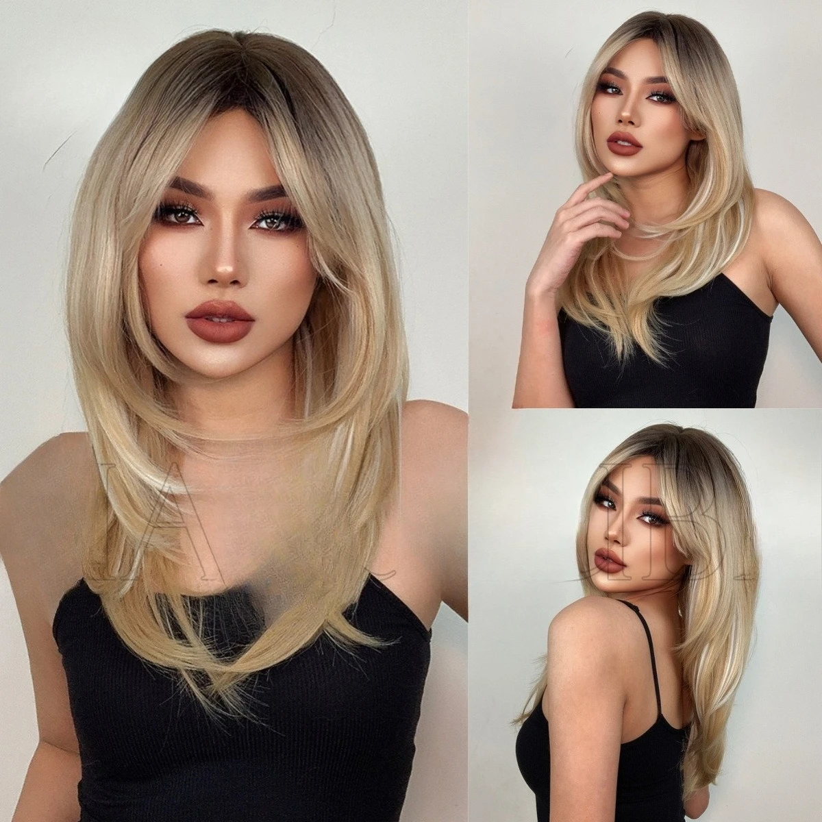 

European and American wigs female long bangs high-level eight-character bangs gradual change golden full head mechanism wig