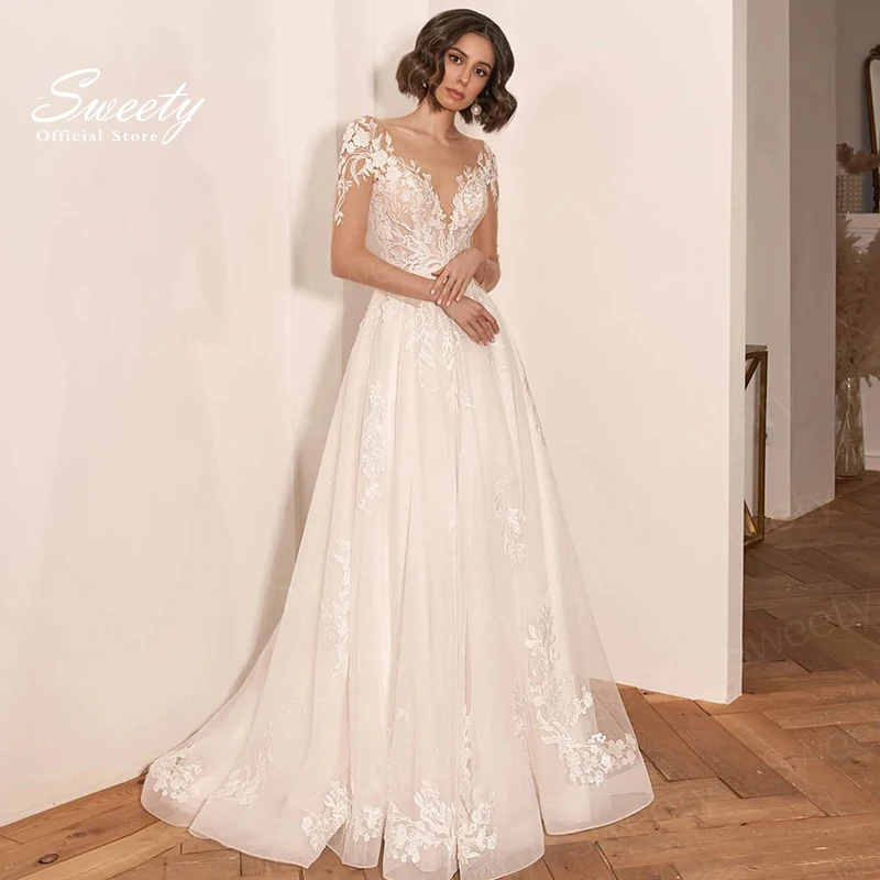 

Simplicity A-Line Floor Length Wedding Dress Organza With Embroidery Lace Ball Gown Full Sleeve O-Neck Bridal Button Vestido De