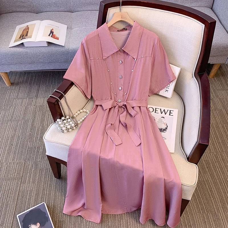 

150Kg Plus Size Women's Bust 155 Summer Loose Pink Short Sleeved Shirt Long Dress 5XL 6XL 7XL 8XL 9XL