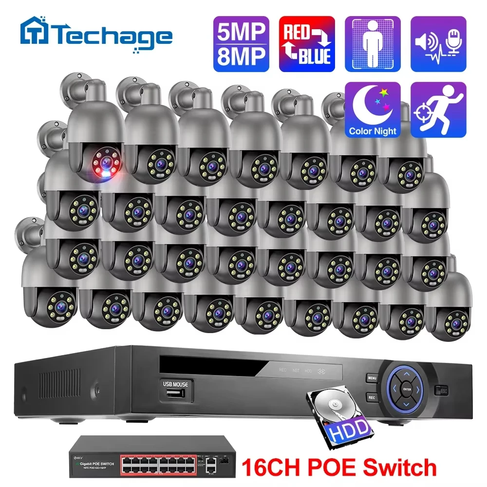 

Techage 32CH 8MP 5MP 4K H.26S POE PTZ Camera System Smart AI Human Detected Two-way Audio Color Night Security Surveillance Set