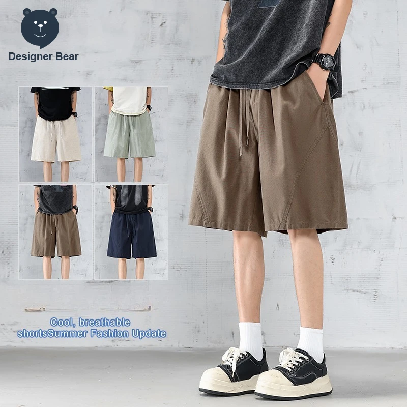 

Summer Breathable Thin Men's Linen Lyocell Blend Shorts Baggy Straight Streetwear Joggers Outdoor Sweatpants Board Bermuda Man