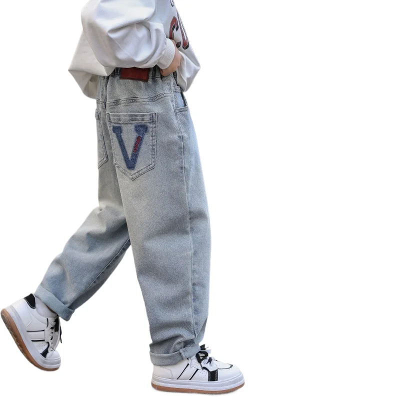 

Jeans boys spring 2024 new leather pants children's trousers loose trousers elastic waist youth pants boys pants