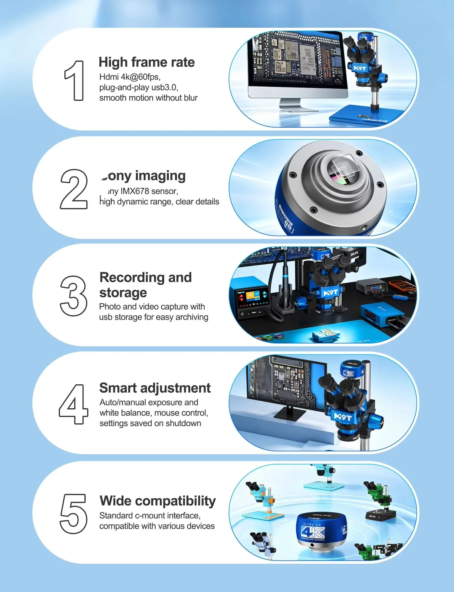 RELIFE MC5 4K 60FPS Microscope CameraSony IMX678 Sensor C-Mount HDMI USB 3.0 Industrial Camera for Phone PCB Repair Inspection